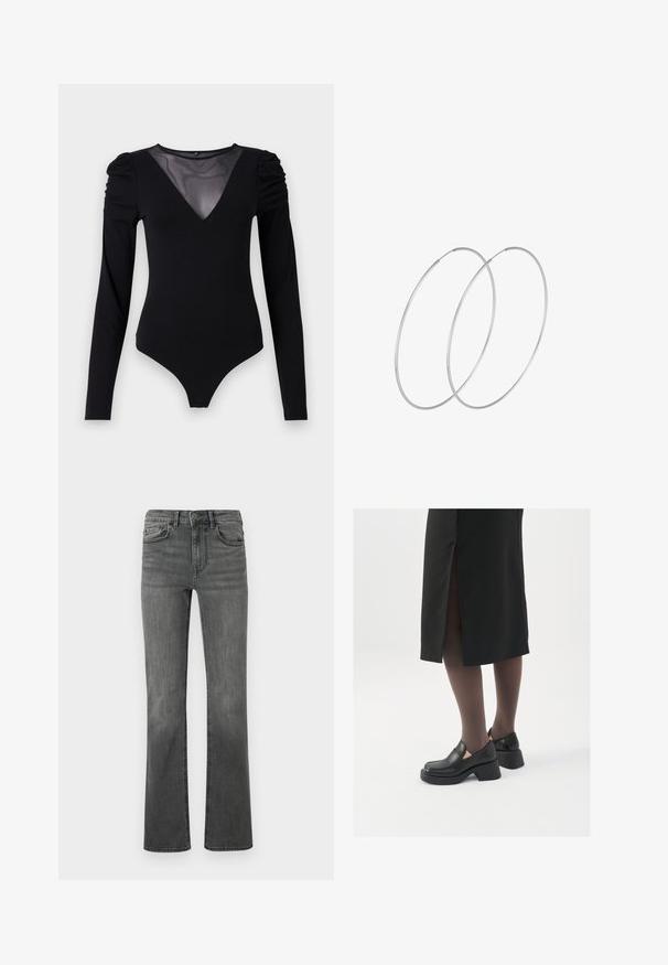 Bodysuit negro de manga larga, con un escote en V de malla y detalle fruncido en los hombros. Tejido suave con una forma ajustada.; Vaqueros acampanados en denim gris oscuro con una cintura alta, cinco bolsillos y un cierre de botón único. Textura suave con ligero desvanecimiento.; Zapatos de piel negra con punta redondeada, tacón grueso y bloque, y acentos elásticos en los laterales, combinados con unos pantys oscuros y una falda negra con una abertura.; Pendientes de aro plateados con un diseño minimalista. Forma circular, textura suave y perfil delgado. Livianos con un acabado pulido.