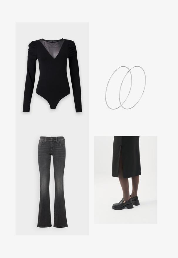 Svart bodysuit med långa ärmar, med en mesh V-ringning och skräddarsydd axeldetalj. Slät tyg med en kroppsnära passform.; Mörkgrå denimjeans med en subtil urtvätt, midjehöjd, knäppning och lätt utsvängning i bensluten.; Svarta läderskor med rund tå, tjock klack utan häl och elastiska sidodetaljer, kombinerat med mörka strumpbyxor och en svart kjol med slits.; Silverfärgade hoopörhängen med en minimalistisk design. Cirkulär form, slät yta och tunn profil. Lätta med en polerad finish.
