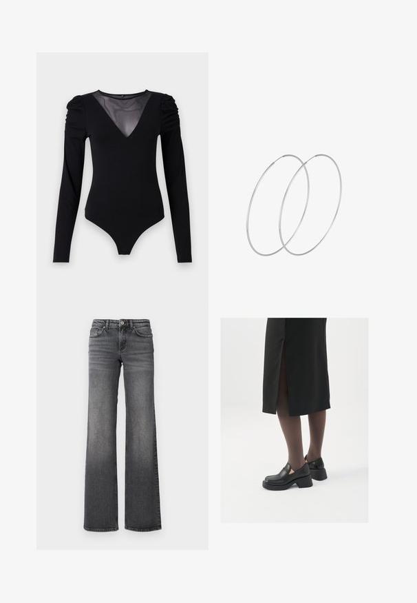 Bodysuit negro de manga larga, con un escote en V de malla y detalle fruncido en los hombros. Tejido suave con una forma ajustada.; Jeans de mezclilla oscuros de pierna recta en gris con un ligero desvanecimiento en los muslos y diseño estándar de cinco bolsillos sobre un fondo blanco.; Zapatos de piel negra con punta redondeada, tacón grueso y bloque, y acentos elásticos en los laterales, combinados con unos pantys oscuros y una falda negra con una abertura.; Pendientes de aro plateados con un diseño minimalista. Forma circular, textura suave y perfil delgado. Livianos con un acabado pulido.