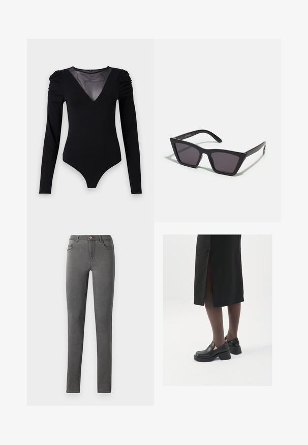 Fekete, hosszú ujjú testharisnya, hálós V-kivágással és ráncolt vállrésszel. Sima anyag, amely testhez simuló fazonú.; Szürke farmer skinny farmernadrág, testhez simuló kialakítással, öt zsebből álló stílusban, és egyetlen fém gombbal a deréknál.; Fekete bőr cipők lekerekített orral, vastag blokk sarkakkal és elasztikus oldalsó díszítésekkel, sötét harisnyával és hasítékkal ellátott fekete szoknyával párosítva.; Fekete, szögletes napszemüveg szürke lencsékkel; műanyagból készült, vastag karokkal, sima felülettel és látható hardver nélkül.