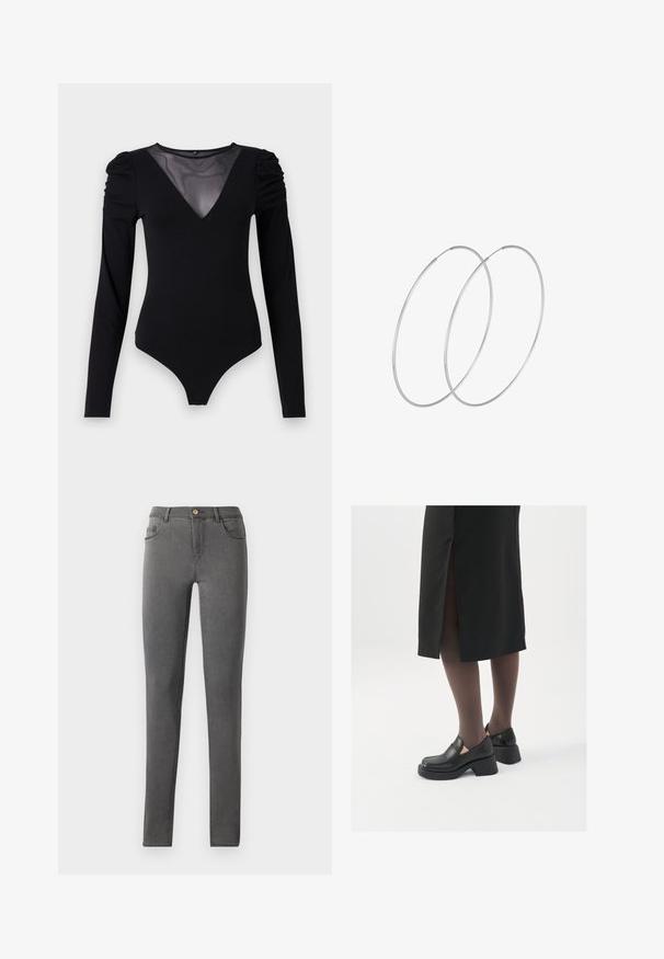 Bodysuit negro de manga larga, con un escote en V de malla y detalle fruncido en los hombros. Tejido suave con una forma ajustada.; Jeans skinny de mezclilla gris con un diseño ajustado, estilo de cinco bolsillos y un cierre de botón metálico en la cintura.; Zapatos de piel negra con punta redondeada, tacón grueso y bloque, y acentos elásticos en los laterales, combinados con unos pantys oscuros y una falda negra con una abertura.; Pendientes de aro plateados con un diseño minimalista. Forma circular, textura suave y perfil delgado. Livianos con un acabado pulido.
