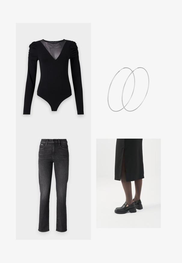 Musternahkade pikkade varrukatega must bodi, millel on läbipaistev V-kujuline kaelus ja korraldatud õlavarre detail. Sile kangas, millel on vormiv kujundus.; Mustad musthave teksad musta denimiga, sirge jala disainiga. Omab tavapärast vööd, viit taskut ja peeneid õmblusdetail.; Mustad mustad jalatsid ümmarguse varbaga, paksu plokkniidi ja elastsete külgdetailidega, kombineeritud tumedate sukkade ja musta lõhikuga seelikuga.; Hõbedased rõngastikkaehingad minimalistlikus disainis. Ümar kuju, sile tekstuur ja õhuke profiil. Kerged ning poleeritud viimistlusega.