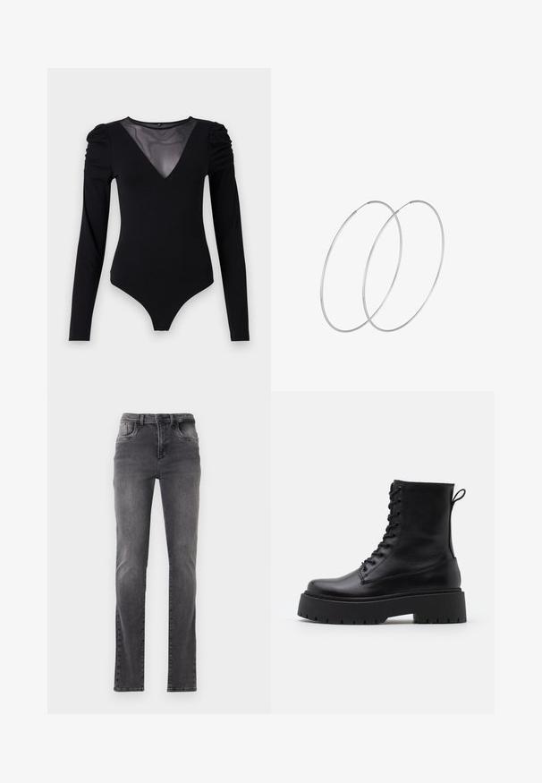 Bodysuit negro de manga larga, con un escote en V de malla y detalle fruncido en los hombros. Tejido suave con una forma ajustada.; Jeans ajustados grises con ligero desgaste en los muslos y las rodillas, con bolsillos delanteros y traseros, cinturas para el cinturón y cierre de botón.; Botas de cuero negras hasta el tobillo con punta redonda, cordones en la parte delantera y una suela de goma gruesa con un dibujo texturizado. Tirador en la parte trasera.; Pendientes de aro plateados con un diseño minimalista. Forma circular, textura suave y perfil delgado. Livianos con un acabado pulido.