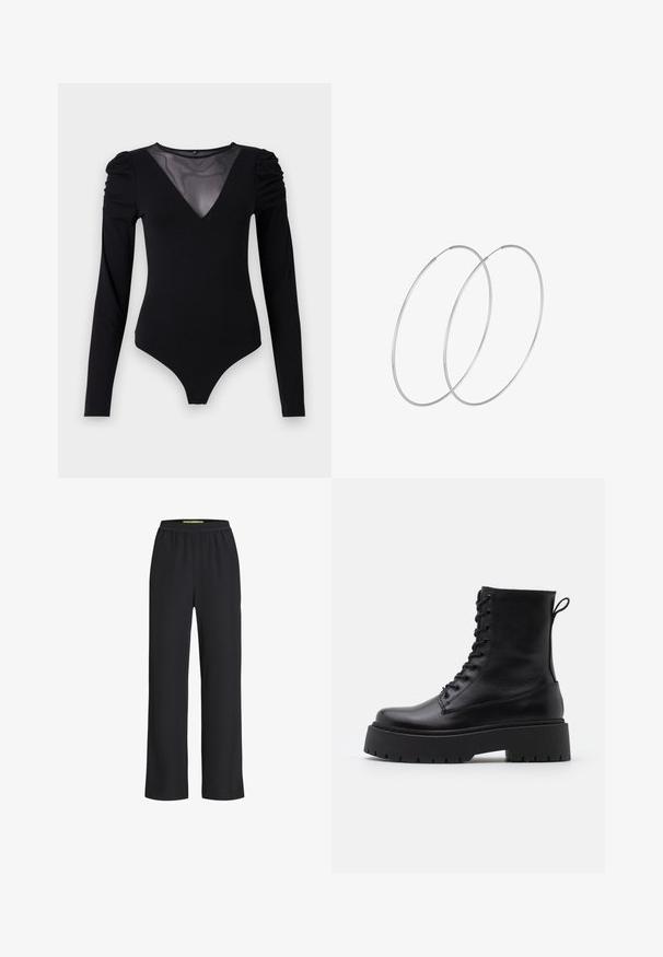 Bodysuit noir à manches longues, avec un décolleté en V en maille et des détails froncés aux épaules. Tissu lisse avec une silhouette ajustée.; Pantalons larges noirs avec une taille élastique, fabriqués à partir d'un tissu doux, présentant une texture lisse et une coupe ample sur les jambes.; Bottines en cuir noir avec un bout rond, un laçage à l'avant et une épaisse semelle en caoutchouc dotée d'un motif texturé. Tirer au dos.; Boucles d'oreilles en argent au design minimaliste. Forme circulaire, texture lisse et profil fin. Légères avec une finition polie.