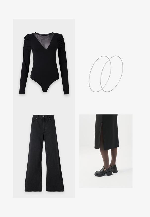 Bodysuit negro de manga larga, con un escote en V de malla y detalle fruncido en los hombros. Tejido suave con una forma ajustada.; Jeans de pierna ancha negros, confeccionados en denim texturizado, con cierre de botón, lazos para cinturón y bolsillos delanteros. Acabado suave con un ajuste holgado.; Zapatos de piel negra con punta redondeada, tacón grueso y bloque, y acentos elásticos en los laterales, combinados con unos pantys oscuros y una falda negra con una abertura.; Pendientes de aro plateados con un diseño minimalista. Forma circular, textura suave y perfil delgado. Livianos con un acabado pulido.
