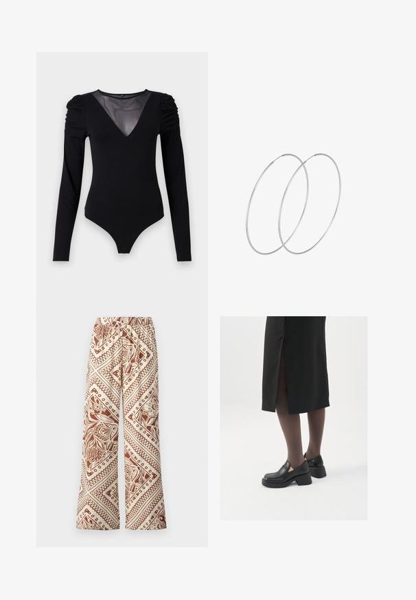 Musta body, jossa on pitkät hihat, verkko V-aukko ja rypytetty olkapäädetalji. Silkkinen kangas, joka muotoilee vartalon.; Leveled itikkaat housut vaaleassa kankaassa, jossa on ruskeita kukkakuoseja ja geometrisia kuvioita, joustava vyötärö ja sileä rakenne.; Mustat nahkakengät pyöreällä kärjellä, paksulla lohkopohjalla ja joustavilla sivuakkesseilla, yhdistettynä tummiin sukkahousuihin ja mustaan hameeseen, jossa on halkio.; Hopehope hopeilla, joissa on minimalistinen muotoilu. Pyöreä muoto, sileä pinta ja ohut profiili. Kevyet ja kiillotetut.