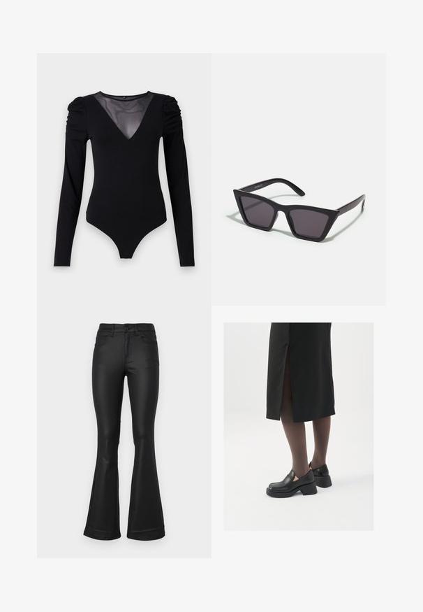 Czarny body z długimi rękawami, z siateczkowym dekoltem w kształcie litery V oraz marszczonym detalem na ramionach. Gładki materiał o dopasowanym kroju.; Czarne jeansy w kształcie dzwonów z gładkiego materiału. Posiadają pięć kieszeni, dopasowaną talię i szerokie wykończenie nogawki.; Czarne skórzane buty z okrągłym noskiem, grubym blokowym obcasem i elastycznymi akcentami po bokach, zestawione z ciemnymi rajstopami i czarną spódnicą z rozcięciem.; Czarne, kanciaste okulary przeciwsłoneczne z szarymi soczewkami; wykonane z plastiku, z grubymi zausznikami o gładkiej powierzchni i bez widocznych elementów metalowych.