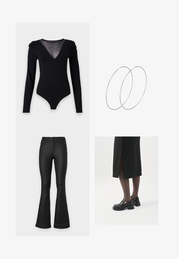 Čierny body s dlhými rukávmi, s rezom do V z priesvitnej látky a zhromaždením na pleciach. Hladká tkanina s priliehavým strihom.; Čierne nohavice s rozšírenými nohavicami vyrobené z hladkej tkaniny. Obsahuje päť vreciek, priliehavý pás a široký otvor na nohaviciach pri leme.; Čierne kožené topánky s okrúhlou špičkou, silným blokovým opätkom a elastickými bočnými akcentmi, skombinované s tmavými pančuchami a čiernou sukňou so štiepením.; Strieborné kruhové náušnice s minimalistickým dizajnom. Cirkulárny tvar, hladký povrch a tenký profil. Ľahké s lesklým povrchom.