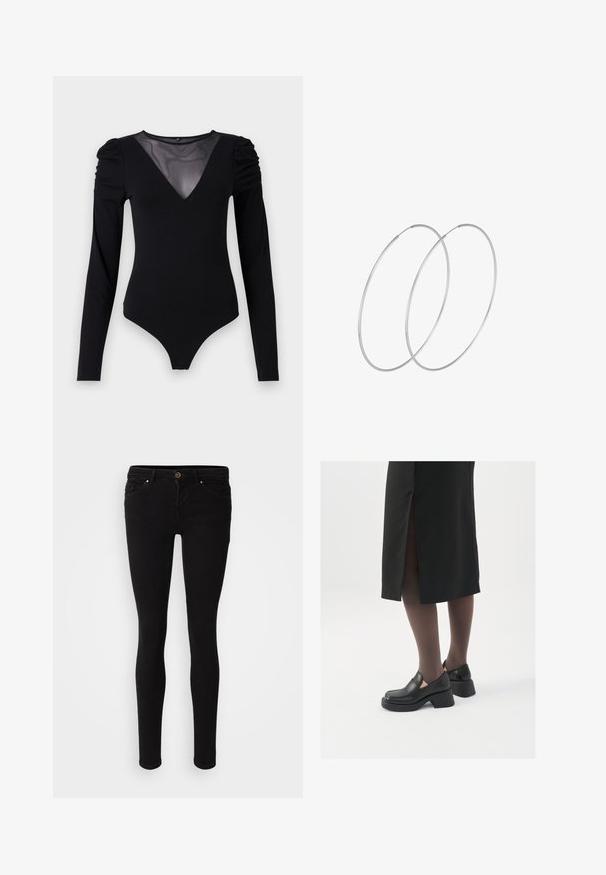 Juodas bodis su ilgomis rankovėmis, turintis tinklinį V formos iškirpimą ir sutrauktą peties detalę. Lygus audinys su prigludusia forma.; ONLY ONLCORAL LIFE POWER - Aptempti džinsai - black denim; Juodos odinės bateliai su apvaliu nosiu, stora blokine pakulne ir elastingais šonais, derinami su tamsiomis pėdkelnėmis ir juoda sijonu su plyšiu.; Sidabrinės pusmėnulio auskarai minimalistiniu dizainu. Apskritimo forma, lygus paviršius ir plonas profilis. Lengvi su poliruotu apdailu.