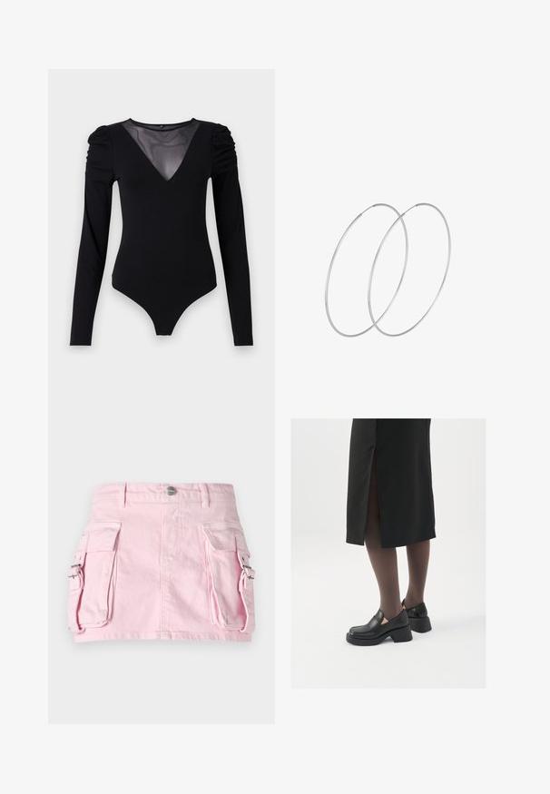 Musta body, jossa on pitkät hihat, verkko V-aukko ja rypytetty olkapäädetalji. Silkkinen kangas, joka muotoilee vartalon.; Vaaleanpunainen farkkuhame, jossa on kaksi sivutaskua, hopeinen napitus ja jämäkkä muotoilu. Sujuva pinta, jossa näkyvät ompelusaumat.; Mustat nahkakengät pyöreällä kärjellä, paksulla lohkopohjalla ja joustavilla sivuakkesseilla, yhdistettynä tummiin sukkahousuihin ja mustaan hameeseen, jossa on halkio.; Hopehope hopeilla, joissa on minimalistinen muotoilu. Pyöreä muoto, sileä pinta ja ohut profiili. Kevyet ja kiillotetut.