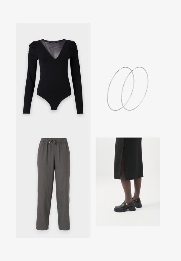 Bodysuit negro de manga larga, con un escote en V de malla y detalle fruncido en los hombros. Tejido suave con una forma ajustada.; Pantalones de lino grises con cintura elástica, detalle de cordón, corte recto y una tela suave y texturizada.; Zapatos de piel negra con punta redondeada, tacón grueso y bloque, y acentos elásticos en los laterales, combinados con unos pantys oscuros y una falda negra con una abertura.; Pendientes de aro plateados con un diseño minimalista. Forma circular, textura suave y perfil delgado. Livianos con un acabado pulido.