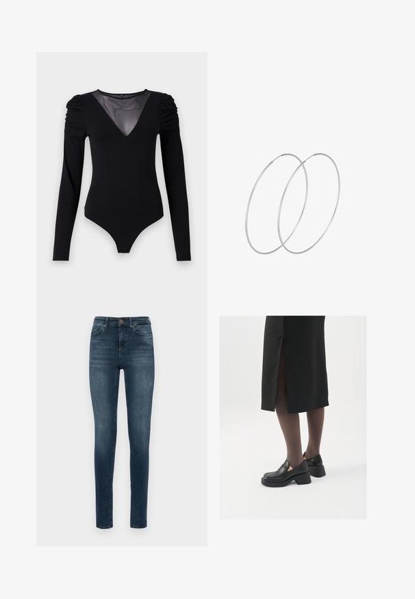Bodysuit negro de manga larga, con un escote en V de malla y detalle fruncido en los hombros. Tejido suave con una forma ajustada.; Jeans de denim slim fit de color azul oscuro; cuentan con un cierre de botón estándar y diseño de cinco bolsillos; textura suave con un desvanecimiento mínimo.; Zapatos de piel negra con punta redondeada, tacón grueso y bloque, y acentos elásticos en los laterales, combinados con unos pantys oscuros y una falda negra con una abertura.; Pendientes de aro plateados con un diseño minimalista. Forma circular, textura suave y perfil delgado. Livianos con un acabado pulido.