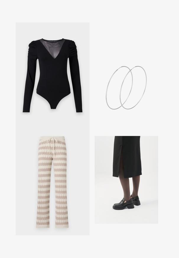 Črno bodi s dolgimi rokavi, z mrežastim V-izrezom in nabranimi rameni. Gladek material z oblikovanim krojem.; Pletene lounge hlače s bež in krem vertikalnimi črtami, ki imajo pas na vrvico in odprto pletenino.; Črne usnjene čevlje s zaobljenim prstom, debelim blokastim petama in elastičnimi stranskimi detajli, v kombinaciji s temno nogavicami in črno krilo z razporkom.; Srebrne uhane v obliki obroča z minimalističnim dizajnom. Krožna oblika, gladka tekstura in tanek profil. Lahki s poliranim zaključkom.