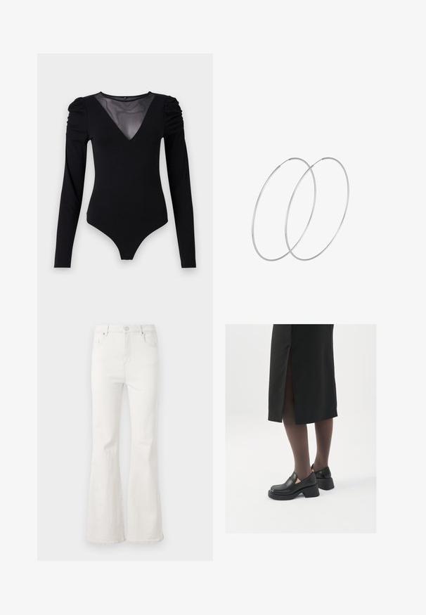 Musternahkade pikkade varrukatega must bodi, millel on läbipaistev V-kujuline kaelus ja korraldatud õlavarre detail. Sile kangas, millel on vormiv kujundus.; Valged flared teksad, mis on valmistatud denimist, kõrge vöökoha, viie tasku ja klassikalise nupuga kinnitusega. Sile tekstuur ja puhas viimistlus.; Mustad mustad jalatsid ümmarguse varbaga, paksu plokkniidi ja elastsete külgdetailidega, kombineeritud tumedate sukkade ja musta lõhikuga seelikuga.; Hõbedased rõngastikkaehingad minimalistlikus disainis. Ümar kuju, sile tekstuur ja õhuke profiil. Kerged ning poleeritud viimistlusega.