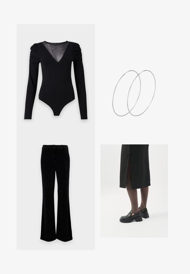Black bodysuit with long sleeves, featuring a mesh V-neckline and gathered shoulder detail. Smooth fabric with a fitted shape.; YAS YASHELLA PANT - Trousers - black; Black leather shoes with a rounded toe, thick block heel, and elastic side accents, paired with dark tights and a black skirt with a slit.; Silver hoop earrings with a minimalist design. Circular shape, smooth texture, and thin profile. Lightweight with a polished finish.