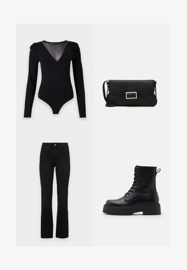 Melnā bodija ar garām piedurknēm, piedāvā ar caurspīdīgu V-veida kakla izgriezumu un savāktu plecu detaļu. Gluda auduma, ar pieguļošu formu.; Melni denimi džinsi ar izplešotu kāju dizainu, vidēji augstu jostasvietu, piecām kabatām un pogu aizdari. Materiāls ir gluds un izturīgs.; Melni ādas potītēm zābaki ar apļveida purngalu, auklām priekšpusē un biezu gumijas zoli ar teksturētu protektoru. Velkšanas cilpa aizmugurē.; Melnas ādas saķeres soma ar atloku un zelta metāla sprādzi. Ietver melnu siksnu un elegantu, minimālistisku dizainu.; Sudraba gredzenveida auskari ar minimālistisku dizainu. Cirkulāra forma, gluda tekstūra un plāns profils. Vieglu svaru ar spīdīgu apdari.