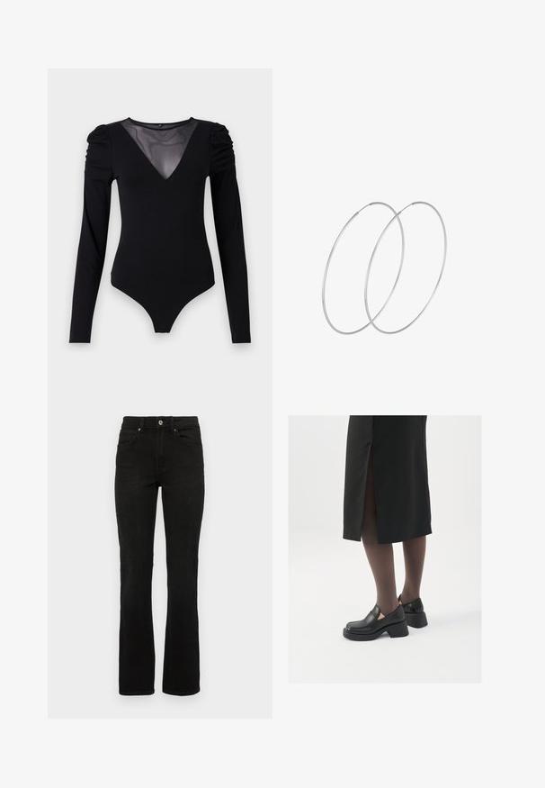 Sort bodysuit med lange ærmer, der har en mesh V-halsudskæring og samlet skulderdetalje. Glat stof med en tætsiddende form.; Sorte denimjeans med en flagrende benedesign, mellemhøj talje, fem lommer og knaplukning. Materialet har en glat, robust tekstur.; Sorte lædersko med rund tå, kraftig blokhæl og elastiske sideaccentuer, parret med mørke strømpebukser og en sort nederdel med slids.; Sølvøreringe med et minimalistisk design. Cirkulær form, glat tekstur og tynd profil. Letvægtige med en poleret overflade.