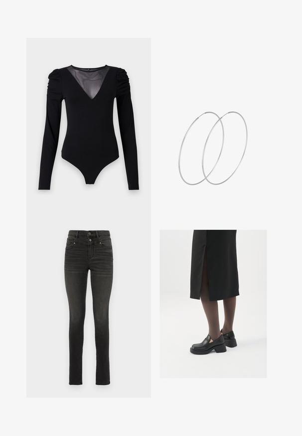 Juodas bodis su ilgomis rankovėmis, turintis tinklinį V formos iškirpimą ir sutrauktą peties detalę. Lygus audinys su prigludusia forma.; Juodi liesi džinsai, pagaminti iš denimo, su aukštu juosmeniu, dvigubomis sagomis, penkiais kišenėmis ir subtiliu blukimu palei kojas.; Juodos odinės bateliai su apvaliu nosiu, stora blokine pakulne ir elastingais šonais, derinami su tamsiomis pėdkelnėmis ir juoda sijonu su plyšiu.; Sidabrinės pusmėnulio auskarai minimalistiniu dizainu. Apskritimo forma, lygus paviršius ir plonas profilis. Lengvi su poliruotu apdailu.