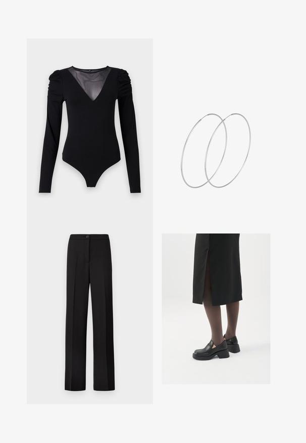 Czarny body z długimi rękawami, z siateczkowym dekoltem w kształcie litery V oraz marszczonym detalem na ramionach. Gładki materiał o dopasowanym kroju.; Czarne spodnie o prostym kroju, z zapięciem na guzik, gładkim przodem i bez widocznych kieszeni. Gładki materiał o dopasowanym fasonie.; Czarne skórzane buty z okrągłym noskiem, grubym blokowym obcasem i elastycznymi akcentami po bokach, zestawione z ciemnymi rajstopami i czarną spódnicą z rozcięciem.; Srebrne kolczyki w formie obręczy o minimalistycznym designie. Okrągły kształt, gładka faktura i cienki profil. Lekkie, z polerowanym wykończeniem.
