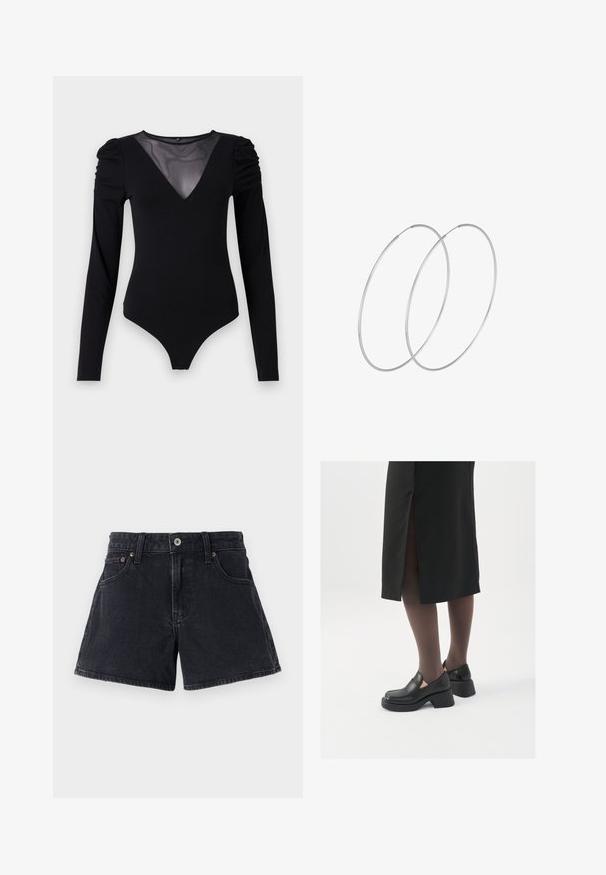 Musternahkade pikkade varrukatega must bodi, millel on läbipaistev V-kujuline kaelus ja korraldatud õlavarre detail. Sile kangas, millel on vormiv kujundus.; Mustadest denimist lühikesed püksid klassikalise lõikega, viie taskuga, metallist nööpidega sulguvad ning tonaalse õmblusega. Kangas on kergelt tekstureeritud viimistlusega.; Mustad mustad jalatsid ümmarguse varbaga, paksu plokkniidi ja elastsete külgdetailidega, kombineeritud tumedate sukkade ja musta lõhikuga seelikuga.; Hõbedased rõngastikkaehingad minimalistlikus disainis. Ümar kuju, sile tekstuur ja õhuke profiil. Kerged ning poleeritud viimistlusega.