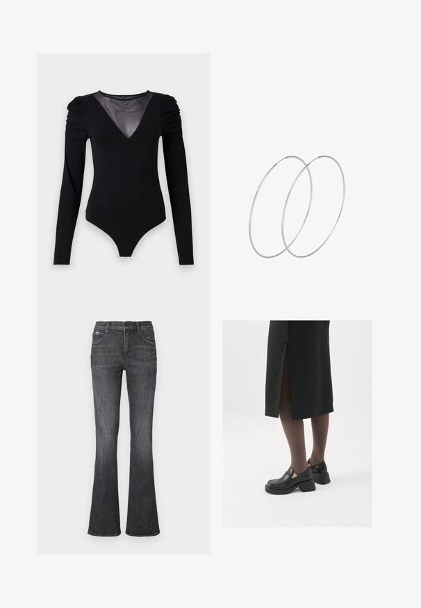 Musta body, jossa on pitkät hihat, verkko V-aukko ja rypytetty olkapäädetalji. Silkkinen kangas, joka muotoilee vartalon.; Leveletut farkut tummanharmaasta denimmateriaaleista, joissa on sileä rakenne, viisi taskua ja nappikiinnitys vyötäröllä.; Mustat nahkakengät pyöreällä kärjellä, paksulla lohkopohjalla ja joustavilla sivuakkesseilla, yhdistettynä tummiin sukkahousuihin ja mustaan hameeseen, jossa on halkio.; Hopehope hopeilla, joissa on minimalistinen muotoilu. Pyöreä muoto, sileä pinta ja ohut profiili. Kevyet ja kiillotetut.