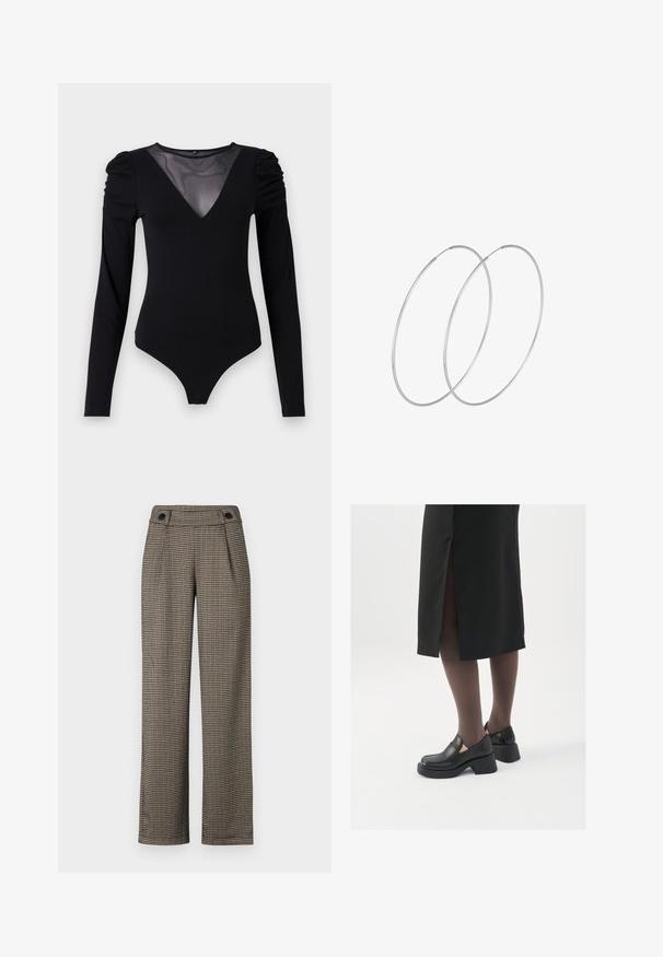 Bodysuit negro de manga larga, con un escote en V de malla y detalle fruncido en los hombros. Tejido suave con una forma ajustada.; Pantalones con patrón de cuadros marrones y cintura alta, con pliegues laterales y acentos de botones negros. Fabricados con una tela tejida texturizada.; Zapatos de piel negra con punta redondeada, tacón grueso y bloque, y acentos elásticos en los laterales, combinados con unos pantys oscuros y una falda negra con una abertura.; Pendientes de aro plateados con un diseño minimalista. Forma circular, textura suave y perfil delgado. Livianos con un acabado pulido.