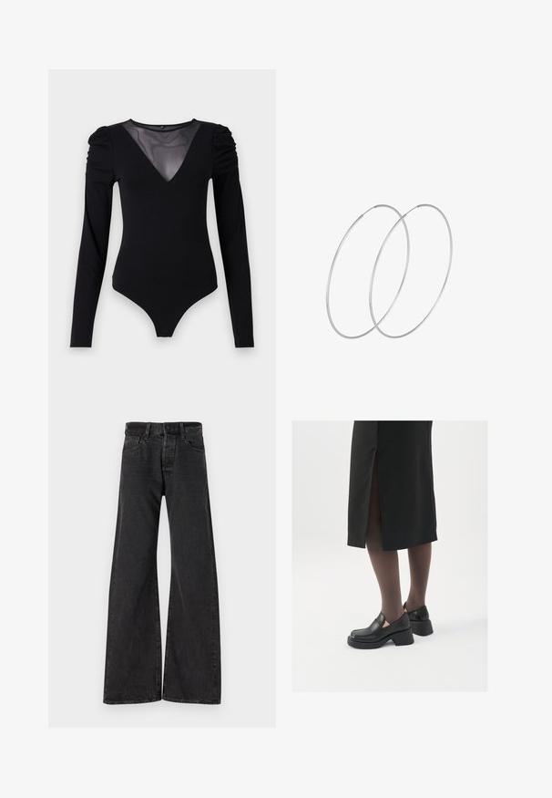 Bodysuit negro de manga larga, con un escote en V de malla y detalle fruncido en los hombros. Tejido suave con una forma ajustada.; Jeans anchos negros de mezclilla. Presentan un cierre de botón, trabillas para cinturón y dos bolsillos frontales. Textura sutil visible en la tela.; Zapatos de piel negra con punta redondeada, tacón grueso y bloque, y acentos elásticos en los laterales, combinados con unos pantys oscuros y una falda negra con una abertura.; Pendientes de aro plateados con un diseño minimalista. Forma circular, textura suave y perfil delgado. Livianos con un acabado pulido.