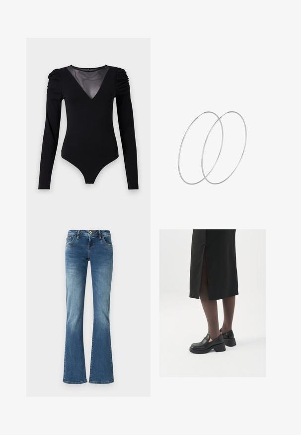 Svart bodysuit med långa ärmar, med en mesh V-ringning och skräddarsydd axeldetalj. Slät tyg med en kroppsnära passform.; Kostymbyxor i medium blåt denim med kontrasterande sömmar, fem fickor och en klassisk knapp- och dragkedjestängning.; Svarta läderskor med rund tå, tjock klack utan häl och elastiska sidodetaljer, kombinerat med mörka strumpbyxor och en svart kjol med slits.; Silverfärgade hoopörhängen med en minimalistisk design. Cirkulär form, slät yta och tunn profil. Lätta med en polerad finish.
