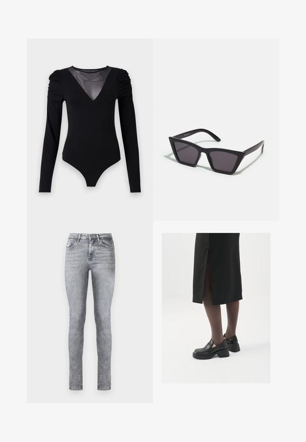 Melnā bodija ar garām piedurknēm, piedāvā ar caurspīdīgu V-veida kakla izgriezumu un savāktu plecu detaļu. Gluda auduma, ar pieguļošu formu.; Pelēki džinsi ar sašaurinājumu un augstu vidukli, pieci kabatas un neliela izbalēšana visā virsmā. Iekļauti rāvējslēdzis un pogas aizdare.; Melni ādas apavi ar noapaļotu purngalu, biezām bloku papēžiem un elastīgiem sānu akcentiem, apvienoti ar tumšām zeķubiksēm un melnu svārku ar šķirbu.; Melni, stūrveida saulesbrilles ar pelēkiem objektīviem; izgatavotas no plastmasas, ar biezām kājām, kam ir gluda virsma un nav redzamu stiprinājumu.