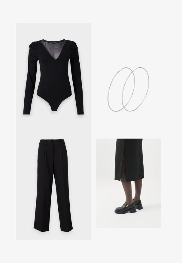 Črno bodi s dolgimi rokavi, z mrežastim V-izrezom in nabranimi rameni. Gladek material z oblikovanim krojem.; Črne hlače širokega kroja z ravnimi nogavicami, ki imajo ravno sprednjo stran, zanko za pas in gladko teksturo. Primerne za različne priložnosti.; Črne usnjene čevlje s zaobljenim prstom, debelim blokastim petama in elastičnimi stranskimi detajli, v kombinaciji s temno nogavicami in črno krilo z razporkom.; Srebrne uhane v obliki obroča z minimalističnim dizajnom. Krožna oblika, gladka tekstura in tanek profil. Lahki s poliranim zaključkom.