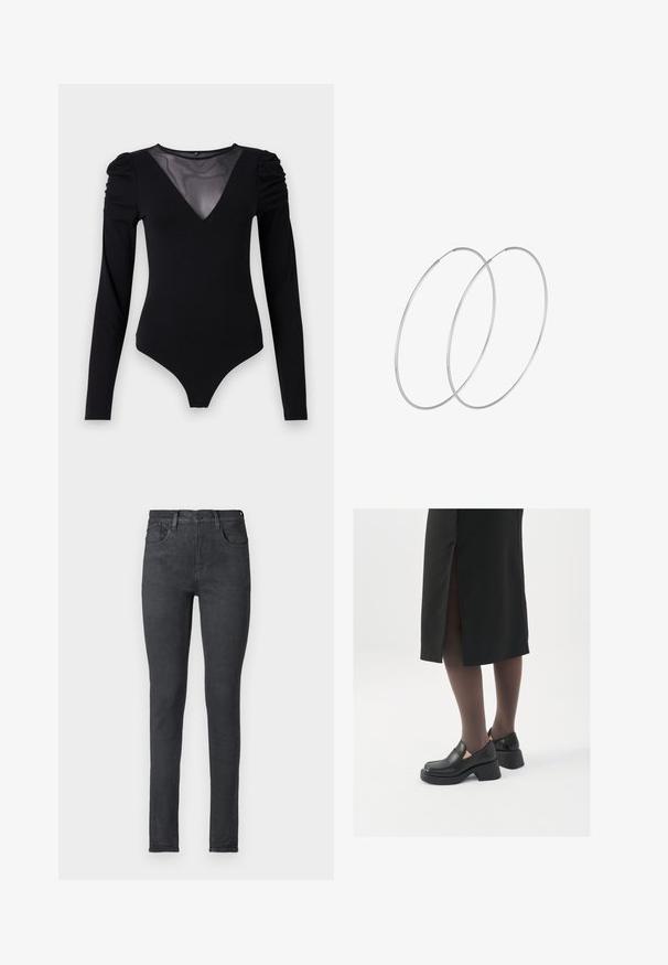 Musta body, jossa on pitkät hihat, verkko V-aukko ja rypytetty olkapäädetalji. Silkkinen kangas, joka muotoilee vartalon.; Mustat farkut, kapeat mallit, joissa on keskikorkea vyötärö, viisi taskua ja vetoketjuhalkio. Liukas pinta ja istuva siluetti.; Mustat nahkakengät pyöreällä kärjellä, paksulla lohkopohjalla ja joustavilla sivuakkesseilla, yhdistettynä tummiin sukkahousuihin ja mustaan hameeseen, jossa on halkio.; Hopehope hopeilla, joissa on minimalistinen muotoilu. Pyöreä muoto, sileä pinta ja ohut profiili. Kevyet ja kiillotetut.