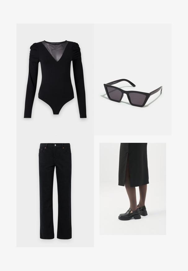 Črno bodi s dolgimi rokavi, z mrežastim V-izrezom in nabranimi rameni. Gladek material z oblikovanim krojem.; Naravne črne kavbojke s ravnimi nogavicami, sprednjimi in zadnjimi žepi, zankami za pas, zapiranjem z gumbom in podrobnostmi iz bakrenih zakovic.; Črne usnjene čevlje s zaobljenim prstom, debelim blokastim petama in elastičnimi stranskimi detajli, v kombinaciji s temno nogavicami in črno krilo z razporkom.; Črne, angularne sončne očala z sivimi lečami; izdelana iz plastike, imajo debele ročke z gladko površino in brez vidne opreme.