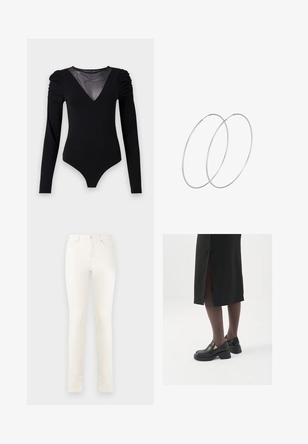 Bodysuit negro de manga larga, con un escote en V de malla y detalle fruncido en los hombros. Tejido suave con una forma ajustada.; Jeans de denim blanco con pierna recta, cintura alta, bolsillos frontales y cierre de un solo botón. Textura suave, detalles de costura mínimos.; Zapatos de piel negra con punta redondeada, tacón grueso y bloque, y acentos elásticos en los laterales, combinados con unos pantys oscuros y una falda negra con una abertura.; Pendientes de aro plateados con un diseño minimalista. Forma circular, textura suave y perfil delgado. Livianos con un acabado pulido.