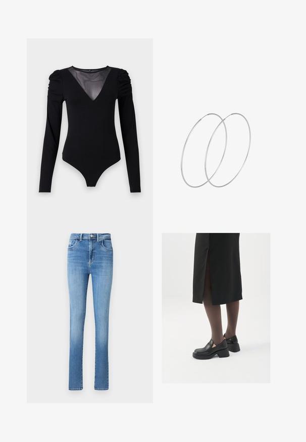 Juodas bodis su ilgomis rankovėmis, turintis tinklinį V formos iškirpimą ir sutrauktą peties detalę. Lygus audinys su prigludusia forma.; Pablokūs mėlyni džinsai su tiesia kelnėmis, aukštu juosmeniu, penkiomis kišenėmis ir subtiliomis siuvinėjimo detalėmis juosmens ir apdailos srityse.; Juodos odinės bateliai su apvaliu nosiu, stora blokine pakulne ir elastingais šonais, derinami su tamsiomis pėdkelnėmis ir juoda sijonu su plyšiu.; Sidabrinės pusmėnulio auskarai minimalistiniu dizainu. Apskritimo forma, lygus paviršius ir plonas profilis. Lengvi su poliruotu apdailu.