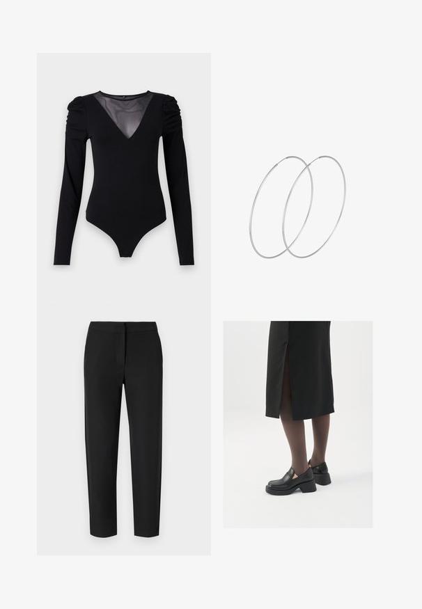 Zwarte bodysuit met lange mouwen, voorzien van een mesh V-halslijn en geplooide schouderdetails. Glad fabric met een aansluitende pasvorm.; Zwarte broek met een op maat gemaakt ontwerp, met een gladde textuur, slim fit en rechte pijpen. Geen zichtbare sluitingen of zakken.; Zwarte leren schoenen met een ronde neus, dikke blokhak en elastische zijkanten, gecombineerd met donkere panty's en een zwarte rok met een split.; Zilveren hoepel oorbellen met een minimalistisch ontwerp. Cirkelvormig, gladde textuur en dun profiel. Lichtgewicht met een gepolijste afwerking.