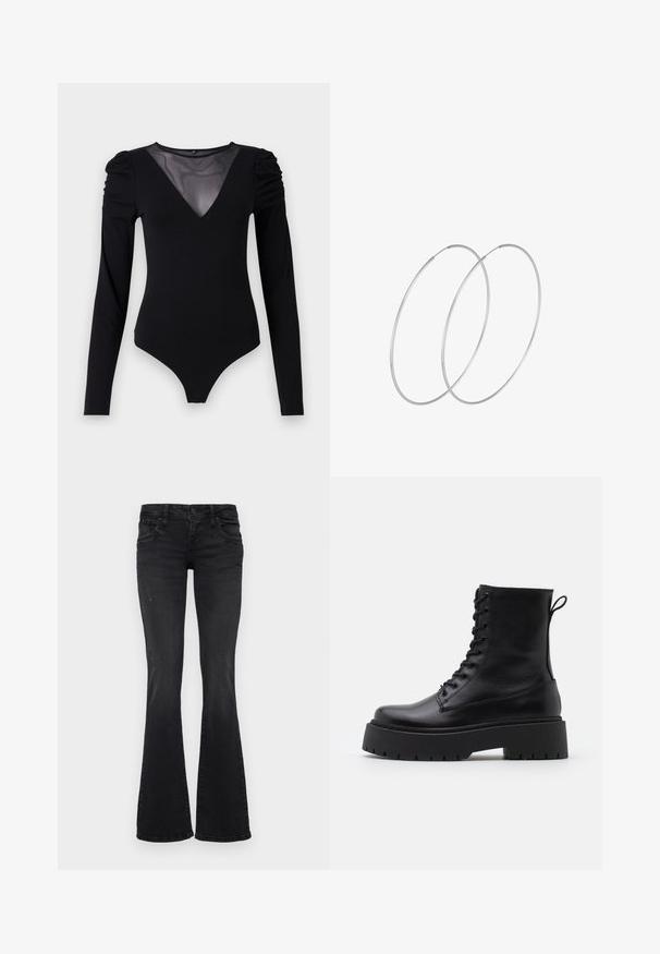 Musta body, jossa on pitkät hihat, verkko V-aukko ja rypytetty olkapäädetalji. Silkkinen kangas, joka muotoilee vartalon.; Mustat farkut, joissa on vähäisiä kulumia, etu- ja takataskut, nappikiinnitys sekä levenevät lahkeet.; Musta nahkainen nilkkureita, joissa on pyöreä kärki, nauhakiinnitys edessä ja paksu kumipohja, jossa on teksturoitu pinta. Takana vetotappi.; Hopehope hopeilla, joissa on minimalistinen muotoilu. Pyöreä muoto, sileä pinta ja ohut profiili. Kevyet ja kiillotetut.