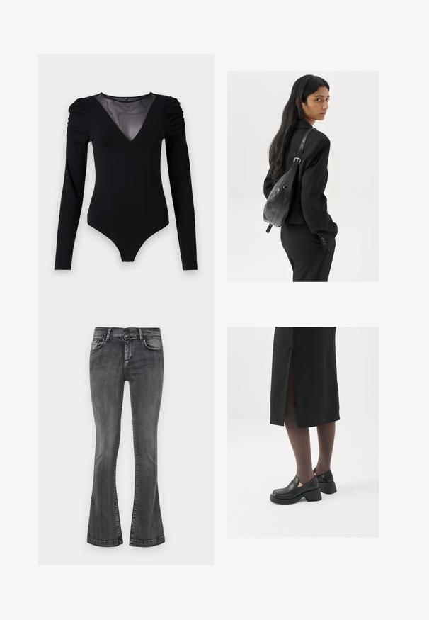 Melnā bodija ar garām piedurknēm, piedāvā ar caurspīdīgu V-veida kakla izgriezumu un savāktu plecu detaļu. Gluda auduma, ar pieguļošu formu.; Pelēki plāni džinsi ar izbalinātu mazgāšanu, ar piecām kabatām, jostas cilpām un rāvējslēdzēju. Džinsiem ir viegla tekstūra ar vīļu akcentiem.; Melni ādas apavi ar noapaļotu purngalu, biezām bloku papēžiem un elastīgiem sānu akcentiem, apvienoti ar tumšām zeķubiksēm un melnu svārku ar šķirbu.; Sieviete ar garām tumšām matiem, ģērbusies melnā uzvalkā, nēsā melnu ādas plecu somu un skatās pāri plecam uz balta fona.; Sudraba gredzenveida auskari ar minimālistisku dizainu. Cirkulāra forma, gluda tekstūra un plāns profils. Vieglu svaru ar spīdīgu apdari.