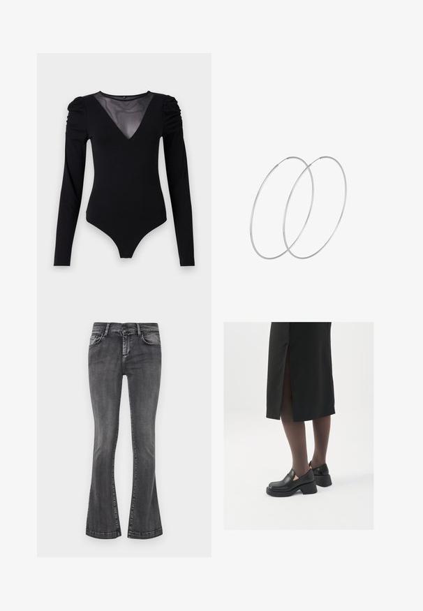 Bodysuit negro de manga larga, con un escote en V de malla y detalle fruncido en los hombros. Tejido suave con una forma ajustada.; Jeans acampanados grises en un lavado desgastado, con cinco bolsillos, trabillas para el cinturón y cierre de cremallera. El denim tiene una ligera textura con acentos de costura.; Zapatos de piel negra con punta redondeada, tacón grueso y bloque, y acentos elásticos en los laterales, combinados con unos pantys oscuros y una falda negra con una abertura.; Pendientes de aro plateados con un diseño minimalista. Forma circular, textura suave y perfil delgado. Livianos con un acabado pulido.