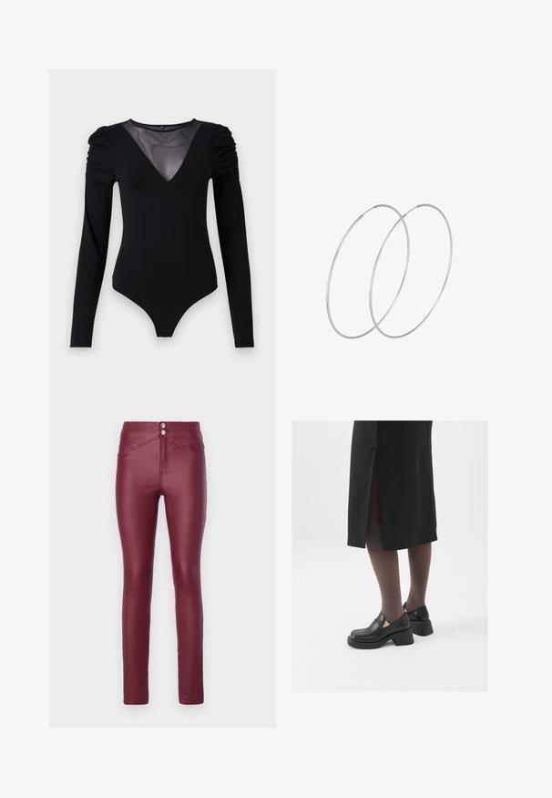 Melnā bodija ar garām piedurknēm, piedāvā ar caurspīdīgu V-veida kakla izgriezumu un savāktu plecu detaļu. Gluda auduma, ar pieguļošu formu.; Burgundijas krāsas mākslīgās ādas šaurās bikses ar augstu jostasvietu, kurām ir divi priekšējie pogas, slīpi priekšējie kabatas un gluda, spīdīga tekstūra.; Melni ādas apavi ar noapaļotu purngalu, biezām bloku papēžiem un elastīgiem sānu akcentiem, apvienoti ar tumšām zeķubiksēm un melnu svārku ar šķirbu.; Sudraba gredzenveida auskari ar minimālistisku dizainu. Cirkulāra forma, gluda tekstūra un plāns profils. Vieglu svaru ar spīdīgu apdari.