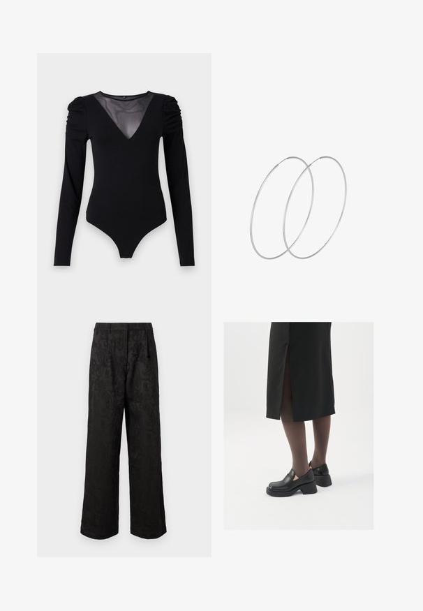 Crni bodysuit dugih rukava s mrežastim V-izrezom i naborima na ramenima. Glatka tkanina s prilagođenim oblikom.; Crne široke hlače izrađene od teksturirane tkanine s suptilnim uzorkom. Imaju standardnu elastičnu traku u struku i ravne otvore za nogavice.; Crne kožne cipele s zaobljenim vrhom, debelim blok petama i elastičnim bočnim detaljima, uparene s tamnim čarapama i crnom suknjom s prorezom.; Srebrne okrugle naušnice s minimalističkim dizajnom. Kružni oblik, glatka tekstura i tanak profil. Lagane s poliranim završetkom.