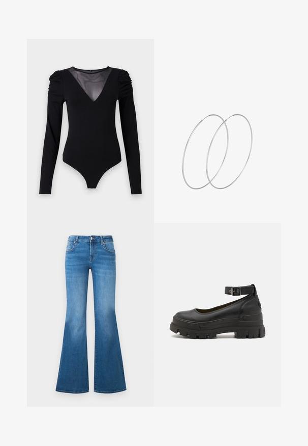 Body nero con maniche lunghe, caratterizzato da un scollo a V in rete e dettagli arricciati sulle spalle. Tessuto morbido con una forma aderente.; Jeans in denim blue a gamba svasata con vita media, cinque tasche e dettagli scoloriti sulle cosce. Accenti in hardware argentato sui bottoni.; Buffalo ASPHA - Scarpe con plateau - black; Orecchini a cerchio in argento con un design minimalista. Forma circolare, superficie liscia e profilo sottile. Leggeri con una finitura lucida.