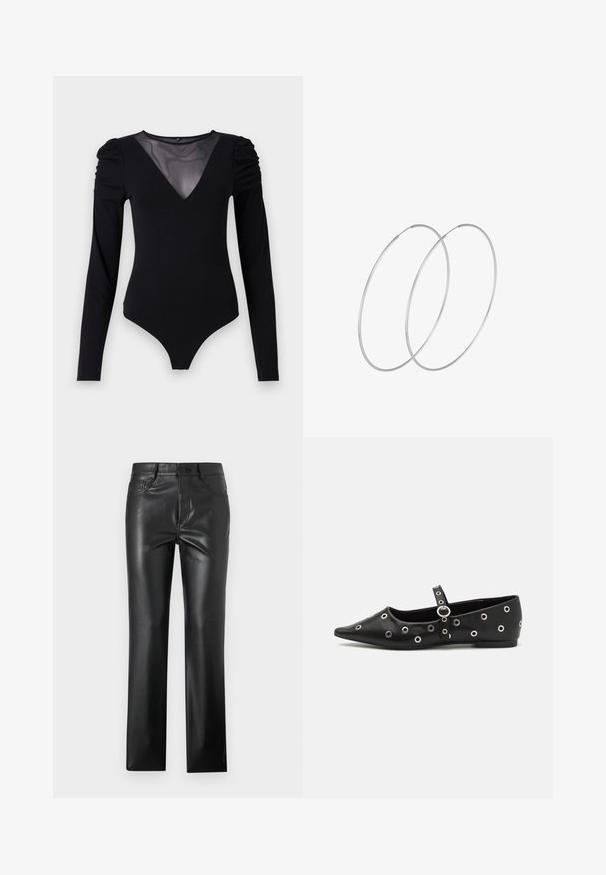 Sort bodysuit med lange ærmer, der har en mesh V-halsudskæring og samlet skulderdetalje. Glat stof med en tætsiddende form.; Sorte læderbukser med et lige ben-design, der har frontlommer, knaplukning og en glat, blank tekstur.; Sort læder fladsko med spids tå, prydet med dekorative sølv øjer og et justerbart bånd over anklen.; Sølvøreringe med et minimalistisk design. Cirkulær form, glat tekstur og tynd profil. Letvægtige med en poleret overflade.