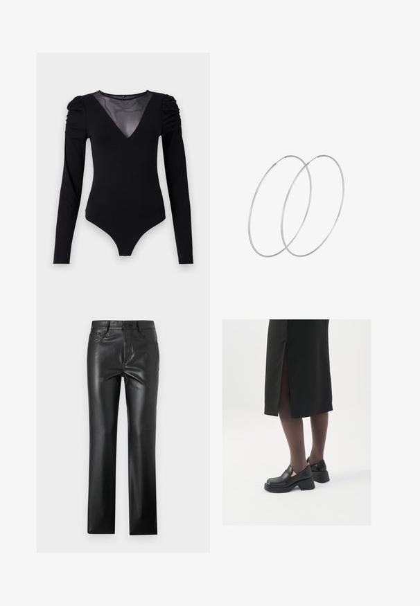 Zwarte bodysuit met lange mouwen, voorzien van een mesh V-halslijn en geplooide schouderdetails. Glad fabric met een aansluitende pasvorm.; Zwarte leren broek met een recht model, voorzien van voorzakken, een knoopsluiting en een gladde, glanzende textuur.; Zwarte leren schoenen met een ronde neus, dikke blokhak en elastische zijkanten, gecombineerd met donkere panty's en een zwarte rok met een split.; Zilveren hoepel oorbellen met een minimalistisch ontwerp. Cirkelvormig, gladde textuur en dun profiel. Lichtgewicht met een gepolijste afwerking.