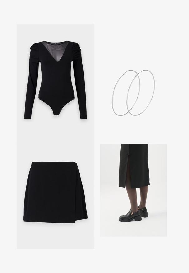 Zwarte bodysuit met lange mouwen, voorzien van een mesh V-halslijn en geplooide schouderdetails. Glad fabric met een aansluitende pasvorm.; Zwarte wikkelrok met een gladde textuur en een vloeiende ontwerp. De rok heeft een korte lengte en een zijspleet voor gemakkelijke beweging.; Zwarte leren schoenen met een ronde neus, dikke blokhak en elastische zijkanten, gecombineerd met donkere panty's en een zwarte rok met een split.; Zilveren hoepel oorbellen met een minimalistisch ontwerp. Cirkelvormig, gladde textuur en dun profiel. Lichtgewicht met een gepolijste afwerking.