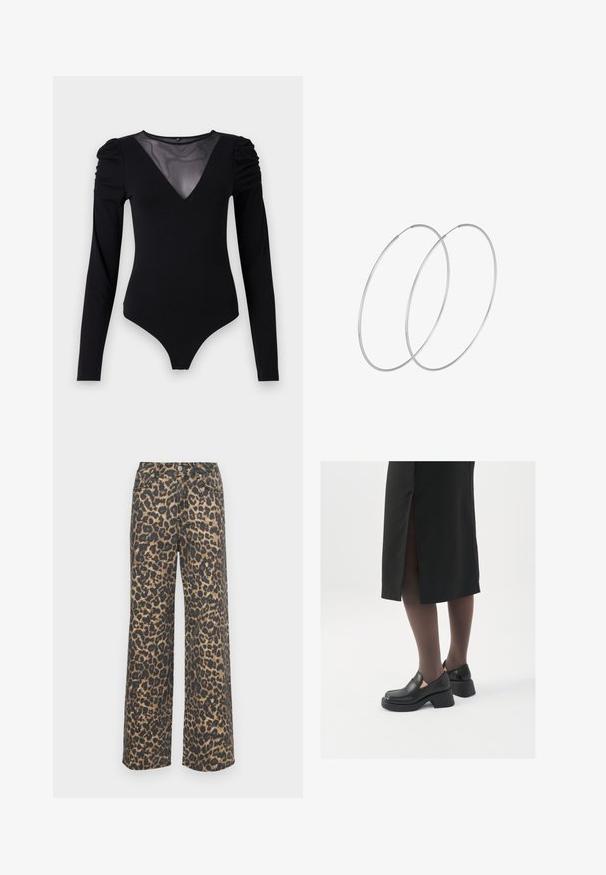 Melnā bodija ar garām piedurknēm, piedāvā ar caurspīdīgu V-veida kakla izgriezumu un savāktu plecu detaļu. Gluda auduma, ar pieguļošu formu.; Leopardi raksts platās kājas džinsi kokvilnas maisījumā. Iezīmē augsto jostasvietu, priekšējās kabatas un kontrastējošo melnbrauno rakstu. Šaurs, taisns griezums.; Melni ādas apavi ar noapaļotu purngalu, biezām bloku papēžiem un elastīgiem sānu akcentiem, apvienoti ar tumšām zeķubiksēm un melnu svārku ar šķirbu.; Sudraba gredzenveida auskari ar minimālistisku dizainu. Cirkulāra forma, gluda tekstūra un plāns profils. Vieglu svaru ar spīdīgu apdari.