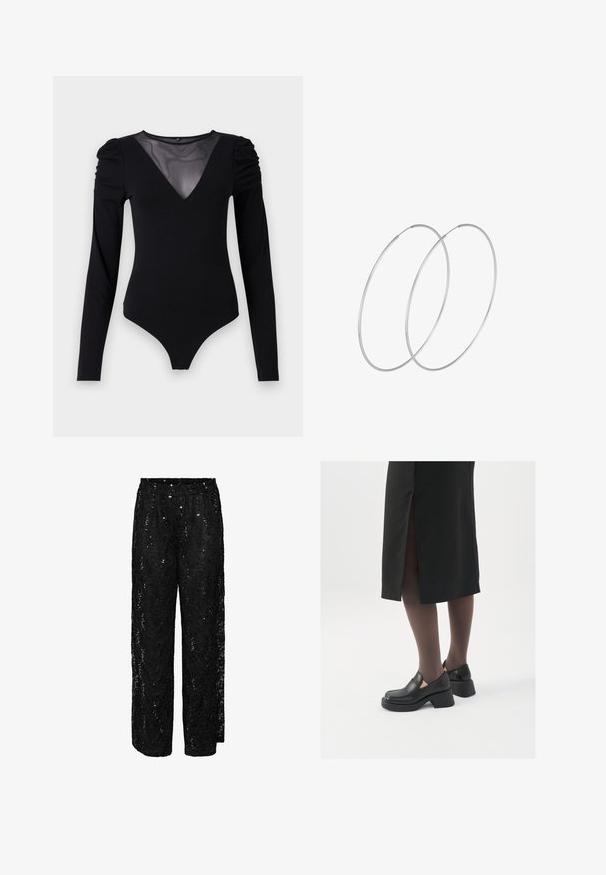 Črno bodi s dolgimi rokavi, z mrežastim V-izrezom in nabranimi rameni. Gladek material z oblikovanim krojem.; Pieces PCROXY - Hlače - black; Črne usnjene čevlje s zaobljenim prstom, debelim blokastim petama in elastičnimi stranskimi detajli, v kombinaciji s temno nogavicami in črno krilo z razporkom.; Srebrne uhane v obliki obroča z minimalističnim dizajnom. Krožna oblika, gladka tekstura in tanek profil. Lahki s poliranim zaključkom.