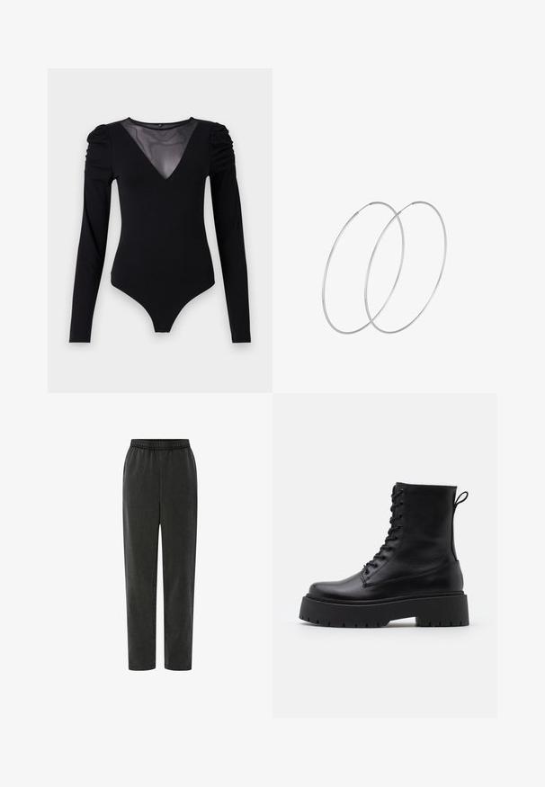 Zwarte bodysuit met lange mouwen, voorzien van een mesh V-halslijn en geplooide schouderdetails. Glad fabric met een aansluitende pasvorm.; Zwarte taps toelopende broek met een elastische tailleband, gemaakt van zachte stof, met zijnaad en een gladde textuur. Geen zichtbare patronen of accenten.; Zwarte leren enkelboots met een ronde neus, vetersluiting aan de voorkant en een dikke rubberen zool met een gestructureerd profiel. Trekbandje aan de achterkant.; Zilveren hoepel oorbellen met een minimalistisch ontwerp. Cirkelvormig, gladde textuur en dun profiel. Lichtgewicht met een gepolijste afwerking.