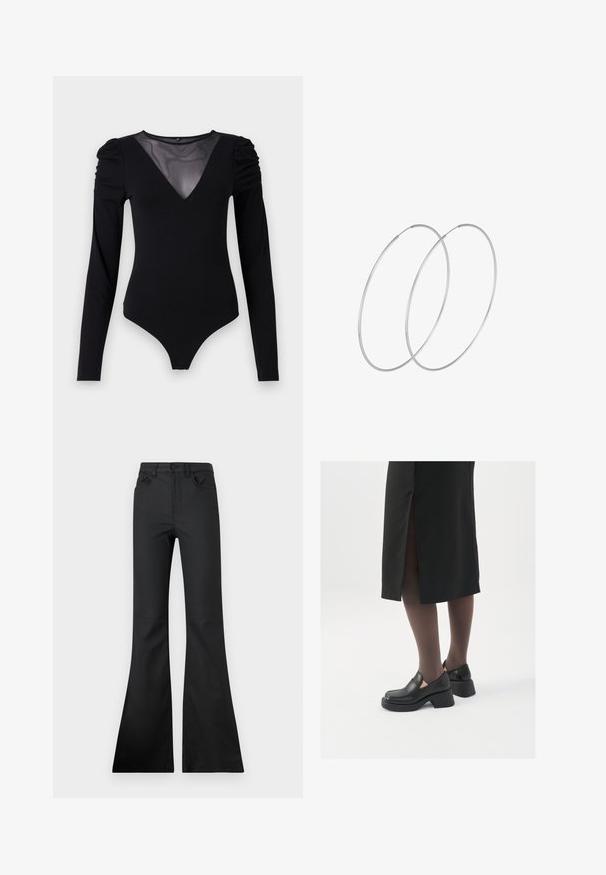 Čierny body s dlhými rukávmi, s rezom do V z priesvitnej látky a zhromaždením na pleciach. Hladká tkanina s priliehavým strihom.; Čierne rozšírené džínsy s stredným pásom, vyrobené z hladkej tkaniny. Obsahujú päť vreciek a viditeľné švy.; Čierne kožené topánky s okrúhlou špičkou, silným blokovým opätkom a elastickými bočnými akcentmi, skombinované s tmavými pančuchami a čiernou sukňou so štiepením.; Strieborné kruhové náušnice s minimalistickým dizajnom. Cirkulárny tvar, hladký povrch a tenký profil. Ľahké s lesklým povrchom.