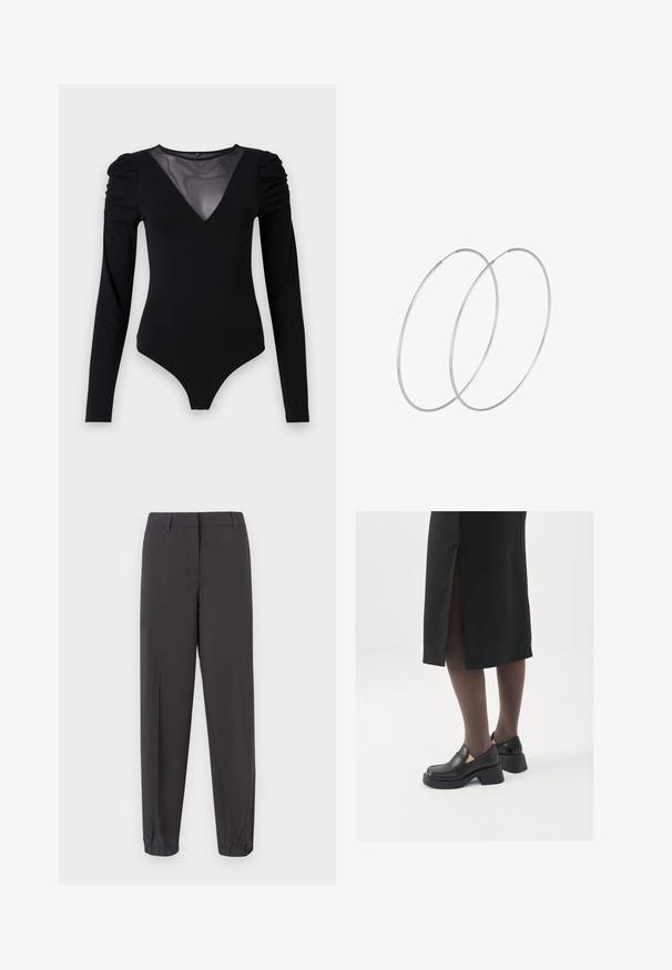 Melnā bodija ar garām piedurknēm, piedāvā ar caurspīdīgu V-veida kakla izgriezumu un savāktu plecu detaļu. Gluda auduma, ar pieguļošu formu.; Tumši pelēki bikses, izgatavotas no gludas auduma, ar nepieguļošu formu, elastīgām aprocēm un priekšējām kabatām ar rafinētu apdari.; Melni ādas apavi ar noapaļotu purngalu, biezām bloku papēžiem un elastīgiem sānu akcentiem, apvienoti ar tumšām zeķubiksēm un melnu svārku ar šķirbu.; Sudraba gredzenveida auskari ar minimālistisku dizainu. Cirkulāra forma, gluda tekstūra un plāns profils. Vieglu svaru ar spīdīgu apdari.