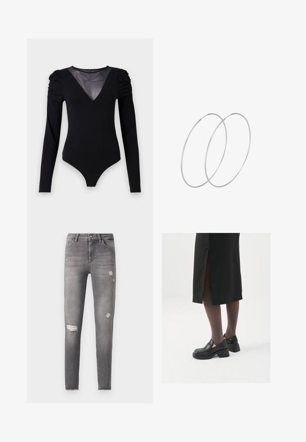 Crni bodysuit dugih rukava s mrežastim V-izrezom i naborima na ramenima. Glatka tkanina s prilagođenim oblikom.; Uske mršavi traperice u izblijedjelom sivom denim materijalu, s istrošenim izrezima na oba koljena i blago izfrljanim rubom. Klasičan 5-džepni dizajn.; Crne kožne cipele s zaobljenim vrhom, debelim blok petama i elastičnim bočnim detaljima, uparene s tamnim čarapama i crnom suknjom s prorezom.; Srebrne okrugle naušnice s minimalističkim dizajnom. Kružni oblik, glatka tekstura i tanak profil. Lagane s poliranim završetkom.